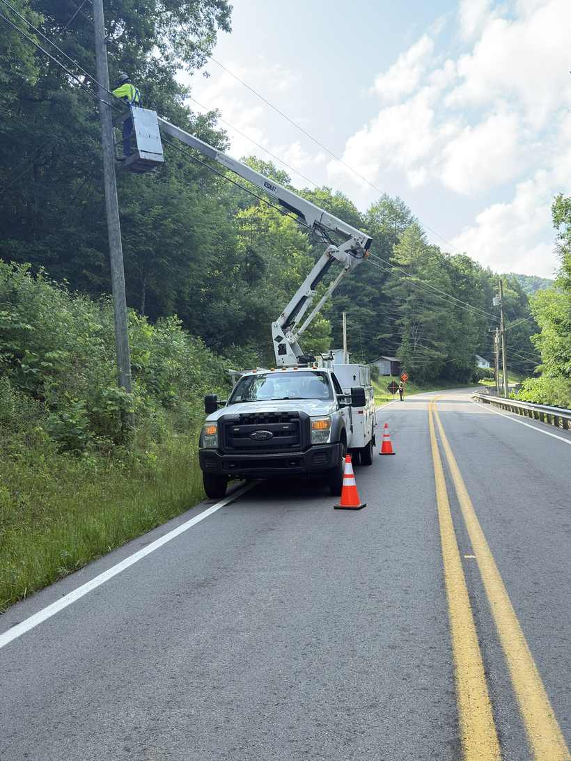 Aerial work on a mountain road